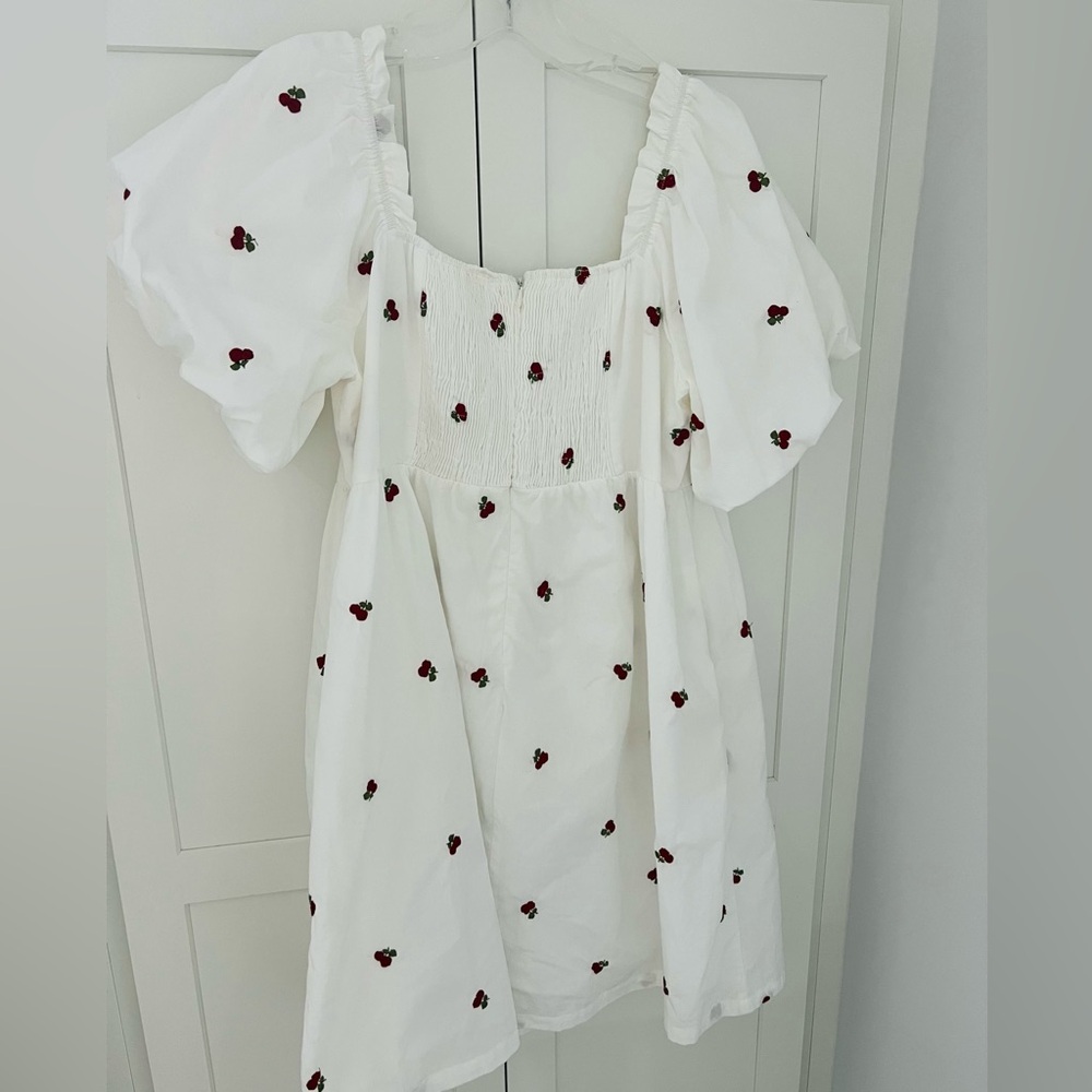 Altar'd State Dress Cherry Poplin White Puff-Sleeve Mini Dress - Picture 3 of 11